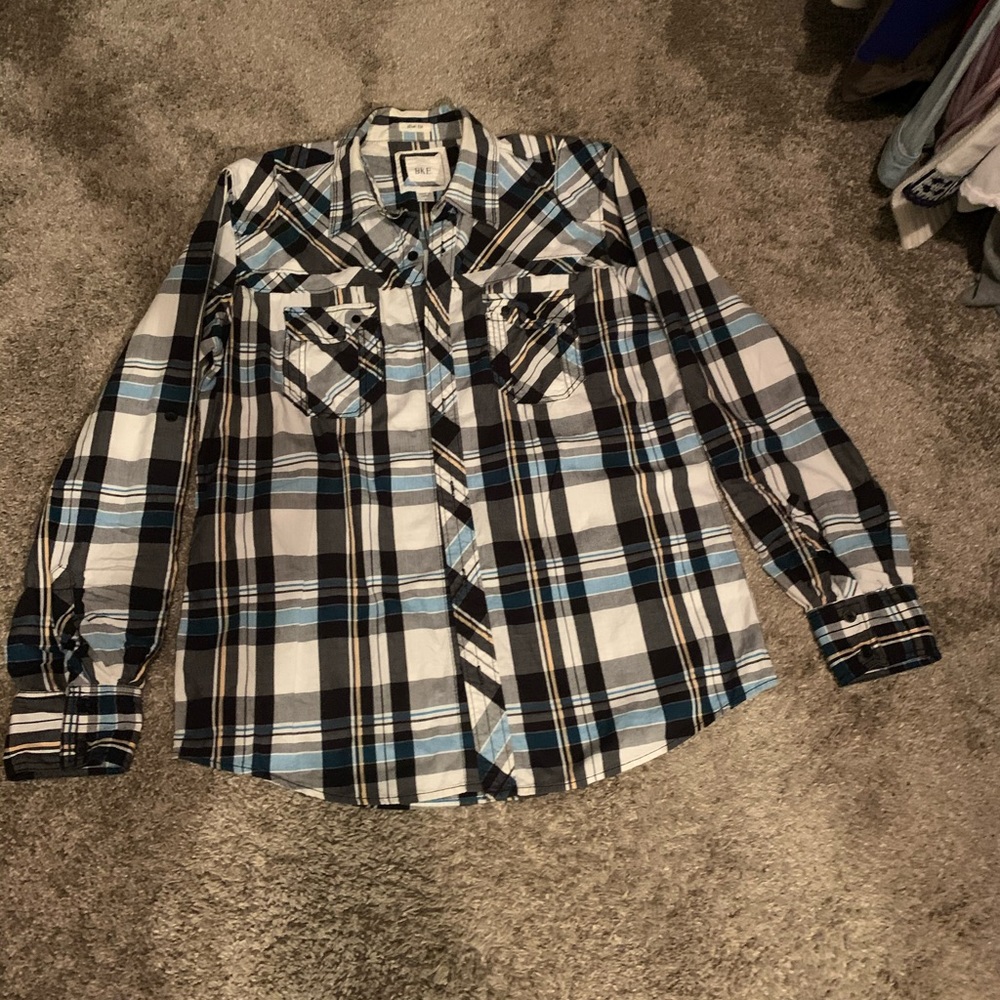 BKE Men's Black, White & Light Blue Plaid Button-Down Shirt